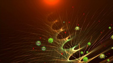 Coronavirus, covid-19 hücreleri, bakteriler, renkli arka planda yüzen bakteriler. Virüs mikro hücre modelleri.