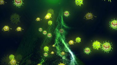 Coronavirus, covid-19 hücreleri, bakteriler, renkli arka planda yüzen bakteriler. Virüs mikro hücre modelleri.