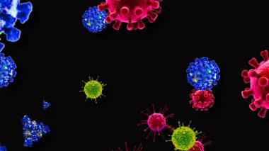 Coronavirus, covid-19 hücreleri, bakteriler, renkli arka planda yüzen bakteriler. Virüs mikro hücre modelleri.