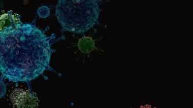 Coronavirus, covid-19 hücreleri, bakteriler, renkli arka planda yüzen bakteriler. Virüs mikro hücre modelleri.