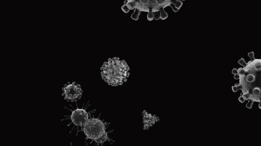 Coronavirus, covid-19 hücreleri, bakteriler, renkli arka planda yüzen bakteriler. Virüs mikro hücre modelleri.