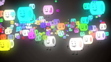 Tuvalet kağıdı mutlu Emoji parçacıkları akış çizelgesi arka plan animasyonu. Tuvalet kağıdı emojisi gülümser, karakterler. Coronavirüs salgını sırasında ve panikleyen insanlar tuvalet kağıdı satın alır..