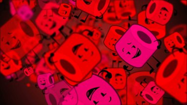 Tuvalet kağıdı mutlu Emoji parçacıkları akış çizelgesi arka plan animasyonu. Tuvalet kağıdı emojisi gülümser, karakterler. Coronavirüs salgını sırasında ve panikleyen insanlar tuvalet kağıdı satın alır..