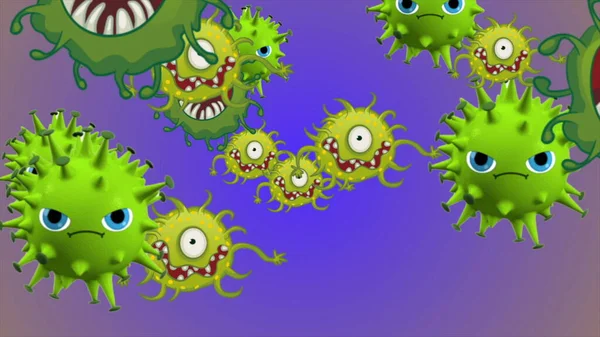 Illustratie Van Coronavirus Covid Cellen Bacteriën Bacterie Drijvend Gekleurde Achtergrond — Stockfoto
