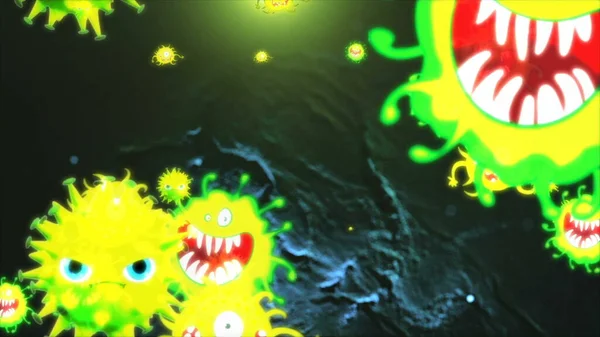 Ilustración Coronavirus Células Covid Bacterias Bacterias Flotando Sobre Fondo Color — Foto de Stock