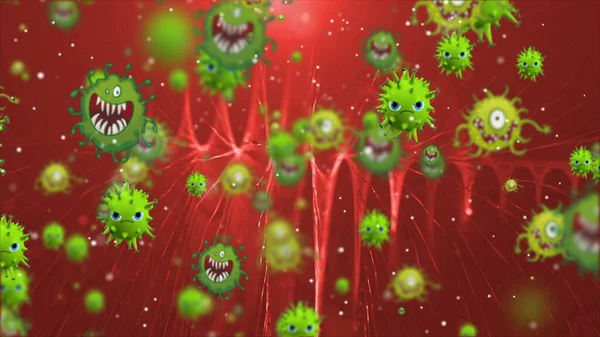 コロナウイルスのイラスト Covid 19細胞 色の背景に浮かぶ細菌 ウイルスマイクロセルモデル — ストック写真