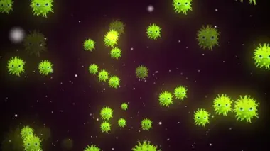 Hücrelerin tıbbi animasyon geçmişi, dünyadaki bakteri virüsleri. İnsan riski virüsü. Coronavirus. Mikroskobik görüntü. Makro hücre modelleri yüzüyor.