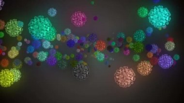 Hücrelerin tıbbi animasyon geçmişi, dünyadaki bakteri virüsleri. İnsan riski virüsü. Coronavirus. Mikroskobik görüntü. Makro hücre modelleri yüzüyor.