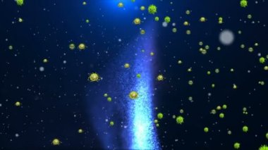 Tıbbi illüstrasyon 2d, hücrelerin 3 boyutlu animasyon arka planı, dünyadaki bakteri virüsleri. İnsan riski virüsü. Coronavirus. Mikroskobik görüntü. Makro hücre modelleri yüzüyor.