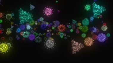 Coronavirus, Covid-19 Aşıları. Coronavirus aşısı arka plan görüntüleri. Dezenfekte köpükleri jel. Kovid 19 aşı haplarından oluşan yüzen hücreler insan organizmasında. Siyah arkaplanda Coronavirus hücresi.