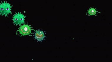 Tıbbi illüstrasyon 2d, hücrelerin 3 boyutlu animasyon arka planı, dünyadaki bakteri virüsleri. İnsan riski virüsü. Coronavirus. Mikroskobik görüntü. Makro hücre modelleri yüzüyor. Coronavirus evli gülümsüyor emoji karakterleri bakteriler animasyon arka planı.