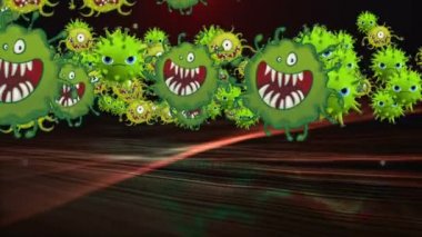 Tıbbi illüstrasyon 2d, hücrelerin 3 boyutlu animasyon arka planı, dünyadaki bakteri virüsleri. İnsan riski virüsü. Coronavirus. Mikroskobik görüntü. Makro hücre modelleri yüzüyor.