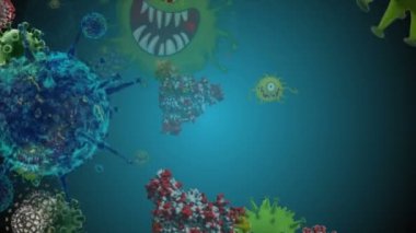 Tıbbi illüstrasyon 2d, hücrelerin 3 boyutlu animasyon arka planı, dünyadaki bakteri virüsleri. İnsan riski virüsü. Coronavirus. Mikroskobik görüntü. Makro hücre modelleri yüzüyor. Coronavirus evli gülümsüyor emoji karakterleri bakteriler animasyon arka planı.