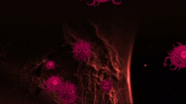 Tıbbi illüstrasyon 2d, hücrelerin 3 boyutlu animasyon arka planı, dünyadaki bakteri virüsleri. İnsan riski virüsü. Coronavirus. Mikroskobik görüntü. Makro hücre modelleri yüzüyor.
