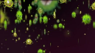 Tıbbi illüstrasyon 2d, hücrelerin 3 boyutlu animasyon arka planı, dünyadaki bakteri virüsleri. İnsan riski virüsü. Coronavirus. Mikroskobik görüntü. Makro hücre modelleri yüzüyor. Coronavirus evli gülümsüyor emoji karakterleri bakteriler animasyon arka planı.