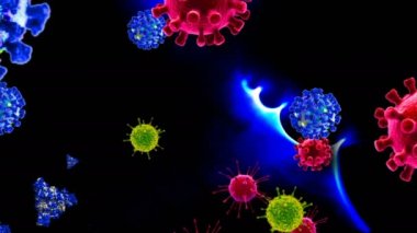Tıbbi illüstrasyon 2d, hücrelerin 3 boyutlu animasyon arka planı, dünyadaki bakteri virüsleri. İnsan riski virüsü. Coronavirus. Mikroskobik görüntü. Makro hücre modelleri yüzüyor.