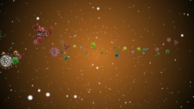 Tıbbi illüstrasyon 2d, hücrelerin 3 boyutlu animasyon arka planı, dünyadaki bakteri virüsleri. İnsan riski virüsü. Coronavirus. Mikroskobik görüntü. Makro hücre modelleri yüzüyor. Coronavirus evli gülümsüyor emoji karakterleri bakteriler animasyon arka planı.