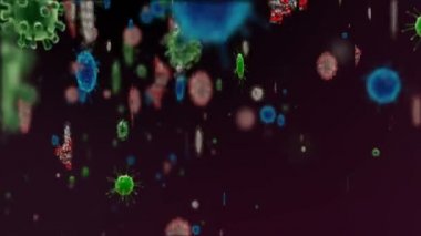 Tıbbi illüstrasyon 2d, hücrelerin 3 boyutlu animasyon arka planı, dünyadaki bakteri virüsleri. İnsan riski virüsü. Coronavirus. Mikroskobik görüntü. Makro hücre modelleri yüzüyor. Coronavirus evli gülümsüyor emoji karakterleri bakteriler animasyon arka planı.