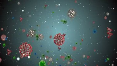 Tıbbi illüstrasyon 2d, hücrelerin 3 boyutlu animasyon arka planı, dünyadaki bakteri virüsleri. İnsan riski virüsü. Coronavirus. Mikroskobik görüntü. Makro hücre modelleri yüzüyor. Coronavirus evli gülümsüyor emoji karakterleri bakteriler animasyon arka planı.