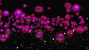 Tıbbi illüstrasyon 2d, hücrelerin 3 boyutlu animasyon arka planı, dünyadaki bakteri virüsleri. İnsan riski virüsü. Coronavirus. Mikroskobik görüntü. Makro hücre modelleri yüzüyor. Coronavirus evli gülümsüyor emoji karakterleri bakteriler animasyon arka planı.