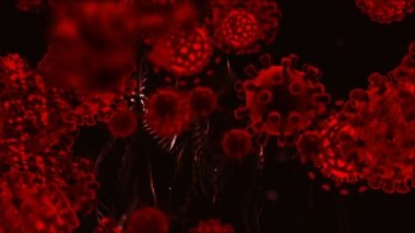 Tıbbi illüstrasyon 2d, hücrelerin 3 boyutlu animasyon arka planı, dünyadaki bakteri virüsleri. İnsan riski virüsü. Coronavirus. Mikroskobik görüntü. Makro hücre modelleri yüzüyor.