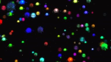 Tıbbi illüstrasyon 2d, hücrelerin 3 boyutlu animasyon arka planı, dünyadaki bakteri virüsleri. İnsan riski virüsü. Coronavirus. Mikroskobik görüntü. Makro hücre modelleri yüzüyor. Coronavirus evli gülümsüyor emoji karakterleri bakteriler animasyon arka planı.