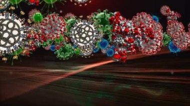 Tıbbi illüstrasyon 2d, hücrelerin 3 boyutlu animasyon arka planı, dünyadaki bakteri virüsleri. İnsan riski virüsü. Coronavirus. Mikroskobik görüntü. Makro hücre modelleri yüzüyor.