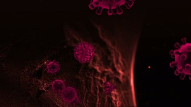 Tıbbi illüstrasyon 2d, hücrelerin 3 boyutlu animasyon arka planı, dünyadaki bakteri virüsleri. İnsan riski virüsü. Coronavirus. Mikroskobik görüntü. Makro hücre modelleri yüzüyor.