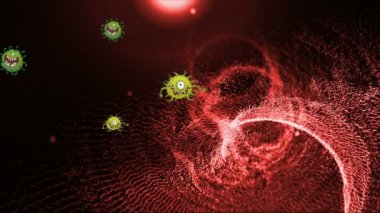 Tıbbi illüstrasyon 2d, hücrelerin 3 boyutlu animasyon arka planı, dünyadaki bakteri virüsleri. İnsan riski virüsü. Coronavirus. Mikroskobik görüntü. Makro hücre modelleri yüzüyor.
