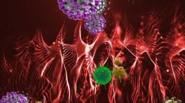 Tıbbi illüstrasyon 2d, hücrelerin 3 boyutlu animasyon arka planı, dünyadaki bakteri virüsleri. İnsan riski virüsü. Coronavirus. Mikroskobik görüntü. Makro hücre modelleri yüzüyor.