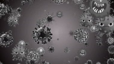 Tıbbi illüstrasyon 2d, hücrelerin 3 boyutlu animasyon arka planı, dünyadaki bakteri virüsleri. İnsan riski virüsü. Coronavirus. Mikroskobik görüntü. Makro hücre modelleri yüzüyor. Coronavirus evli gülümsüyor emoji karakterleri bakteriler animasyon arka planı.