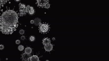 Coronavirus, Covid-19 Aşıları. Coronavirus aşısı arka plan görüntüleri. Dezenfekte köpükleri jel. Kovid 19 aşı haplarından oluşan yüzen hücreler insan organizmasında. Siyah arkaplanda Coronavirus hücresi.