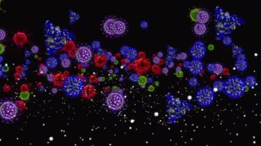 Coronavirus, Covid-19 Aşıları. Coronavirus aşısı arka plan görüntüleri. Dezenfekte köpükleri jel. Kovid 19 aşı haplarından oluşan yüzen hücreler insan organizmasında. Siyah arkaplanda Coronavirus hücresi.