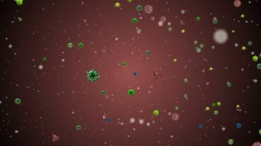 Tıbbi illüstrasyon 2d, hücrelerin 3 boyutlu animasyon arka planı, dünyadaki bakteri virüsleri. İnsan riski virüsü. Coronavirus. Mikroskobik görüntü. Makro hücre modelleri yüzüyor. Coronavirus evli gülümsüyor emoji karakterleri bakteriler animasyon arka planı.