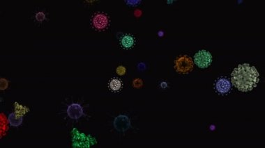 Tıbbi illüstrasyon 2d, hücrelerin 3 boyutlu animasyon arka planı, dünyadaki bakteri virüsleri. İnsan riski virüsü. Coronavirus. Mikroskobik görüntü. Makro hücre modelleri yüzüyor.