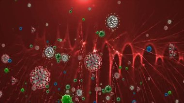 Tıbbi illüstrasyon 2d, hücrelerin 3 boyutlu animasyon arka planı, dünyadaki bakteri virüsleri. İnsan riski virüsü. Coronavirus. Mikroskobik görüntü. Makro hücre modelleri yüzüyor.