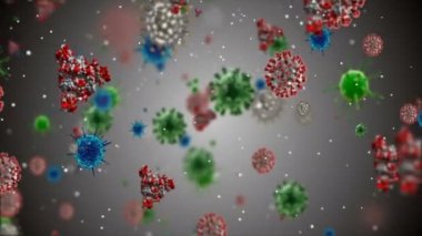 Tıbbi illüstrasyon 2d, hücrelerin 3 boyutlu animasyon arka planı, dünyadaki bakteri virüsleri. İnsan riski virüsü. Coronavirus. Mikroskobik görüntü. Makro hücre modelleri yüzüyor. Coronavirus evli gülümsüyor emoji karakterleri bakteriler animasyon arka planı.