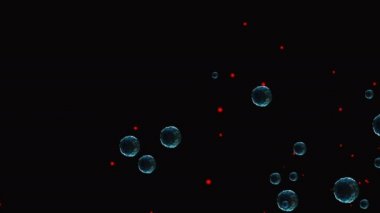 Coronavirus, Covid-19 Aşıları. Coronavirus aşısı arka plan görüntüleri. Dezenfekte köpükleri jel. Kovid 19 aşı haplarından oluşan yüzen hücreler insan organizmasında. Siyah arkaplanda Coronavirus hücresi.