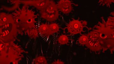 Tıbbi illüstrasyon 2d, hücrelerin 3 boyutlu animasyon arka planı, dünyadaki bakteri virüsleri. İnsan riski virüsü. Coronavirus. Mikroskobik görüntü. Makro hücre modelleri yüzüyor.