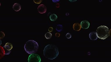 Coronavirus, Covid-19 Aşıları. Coronavirus aşısı arka plan görüntüleri. Dezenfekte köpükleri jel. Kovid 19 aşı haplarından oluşan yüzen hücreler insan organizmasında. Siyah arkaplanda Coronavirus hücresi.