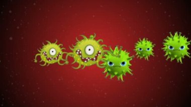 Tıbbi illüstrasyon 2d, hücrelerin 3 boyutlu animasyon arka planı, dünyadaki bakteri virüsleri. İnsan riski virüsü. Coronavirus. Mikroskobik görüntü. Makro hücre modelleri yüzüyor. Coronavirus evli gülümsüyor emoji karakterleri bakteriler animasyon arka planı.