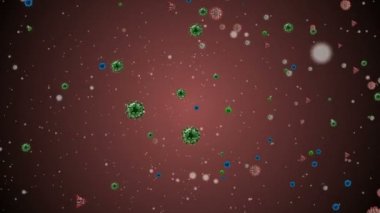 Tıbbi illüstrasyon 2d, hücrelerin 3 boyutlu animasyon arka planı, dünyadaki bakteri virüsleri. İnsan riski virüsü. Coronavirus. Mikroskobik görüntü. Makro hücre modelleri yüzüyor. Coronavirus evli gülümsüyor emoji karakterleri bakteriler animasyon arka planı.
