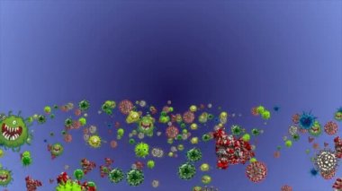 Tıbbi illüstrasyon 2d, hücrelerin 3 boyutlu animasyon arka planı, dünyadaki bakteri virüsleri. İnsan riski virüsü. Coronavirus. Mikroskobik görüntü. Makro hücre modelleri yüzüyor. Coronavirus evli gülümsüyor emoji karakterleri bakteriler animasyon arka planı.
