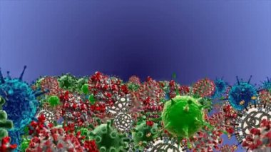 Tıbbi illüstrasyon 2d, hücrelerin 3 boyutlu animasyon arka planı, dünyadaki bakteri virüsleri. İnsan riski virüsü. Coronavirus. Mikroskobik görüntü. Makro hücre modelleri yüzüyor. Coronavirus evli gülümsüyor emoji karakterleri bakteriler animasyon arka planı.