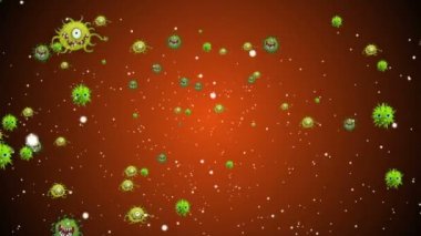Tıbbi illüstrasyon 2d, hücrelerin 3 boyutlu animasyon arka planı, dünyadaki bakteri virüsleri. İnsan riski virüsü. Coronavirus. Mikroskobik görüntü. Makro hücre modelleri yüzüyor. Coronavirus evli gülümsüyor emoji karakterleri bakteriler animasyon arka planı.