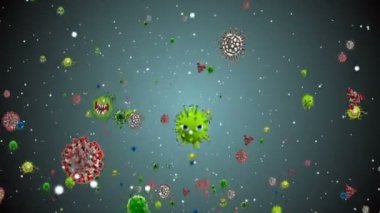 Tıbbi illüstrasyon 2d, hücrelerin 3 boyutlu animasyon arka planı, dünyadaki bakteri virüsleri. İnsan riski virüsü. Coronavirus. Mikroskobik görüntü. Makro hücre modelleri yüzüyor. Coronavirus evli gülümsüyor emoji karakterleri bakteriler animasyon arka planı.