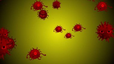 Tıbbi illüstrasyon 2d, hücrelerin 3 boyutlu animasyon arka planı, dünyadaki bakteri virüsleri. İnsan riski virüsü. Coronavirus. Mikroskobik görüntü. Makro hücre modelleri yüzüyor. Coronavirus evli gülümsüyor emoji karakterleri bakteriler animasyon arka planı.