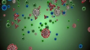 Tıbbi illüstrasyon 2d, hücrelerin 3 boyutlu animasyon arka planı, dünyadaki bakteri virüsleri. İnsan riski virüsü. Coronavirus. Mikroskobik görüntü. Makro hücre modelleri yüzüyor. Coronavirus evli gülümsüyor emoji karakterleri bakteriler animasyon arka planı.