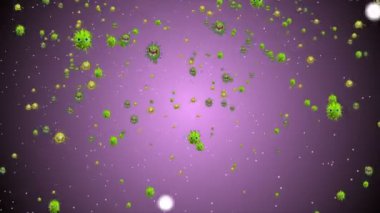 Tıbbi illüstrasyon 2d, hücrelerin 3 boyutlu animasyon arka planı, dünyadaki bakteri virüsleri. İnsan riski virüsü. Coronavirus. Mikroskobik görüntü. Makro hücre modelleri yüzüyor. Coronavirus evli gülümsüyor emoji karakterleri bakteriler animasyon arka planı.