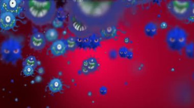 Tıbbi illüstrasyon 2d, hücrelerin 3 boyutlu animasyon arka planı, dünyadaki bakteri virüsleri. İnsan riski virüsü. Coronavirus. Mikroskobik görüntü. Makro hücre modelleri yüzüyor. Coronavirus evli gülümsüyor emoji karakterleri bakteriler animasyon arka planı.